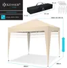 A beige pop-up gazebo with dimensions and accessories shown. Produktbild-Vorschau