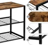 A collage of images showing details of a rustic-style shoe rack with a wooden top and black metal frame. Produktbild-Vorschau