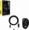 A product shot of a wireless gaming mouse, its charging cable, and a USB dongle, alongside its packaging. Produktbild-Vorschau