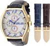 A gold-toned watch with a white dial and black leather strap, shown alongside two additional watch straps in blue and brown. Náhled obrázku produktu