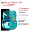 A split image of a teal backpack, showing both its normal appearance and its reflective properties in the dark. Produktbild-Vorschau