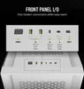 A close-up view of the front panel I/O ports of a white computer case, with labels indicating the function of each port. Produktbild-Vorschau