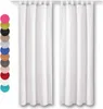 Two white curtains hanging from a rod, with a swatch of different colored fabric samples to the left. Produktbild-Vorschau