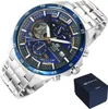 A close-up studio shot of a Casio Edifice men's watch with a stainless steel band, presented with its dark blue presentation box. Produktbild-Vorschau