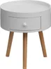 A white round bedside table with a drawer and three wooden legs, isolated on a white background. Anteprima dell’immagine prodotto