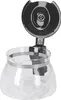 A clear glass coffee pot with a black lid, shown from a slightly elevated angle against a white background. Voir les images du produit