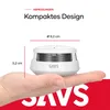 A hand holding a small white smoke detector with dimensions indicated. Produktbild-Vorschau