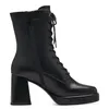 A black leather lace-up boot with a block heel is shown against a white background. Produktbild-Vorschau