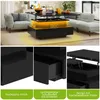 A collage showing a modern coffee table with LED lighting in a living room setting, along with close-up shots of its features. Produktbild-Vorschau