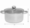 A stainless steel cooking pot with a glass lid and handles, shown from the side with dimensions indicated. Produktbild-Vorschau
