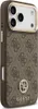 A close-up, side view of a brown iPhone case with a repeating Guess logo pattern and a gold trim around the camera cutout. Anteprima dell’immagine prodotto