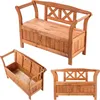 A collage of a wooden park bench with storage, showing different angles and views. Produktbild-Vorschau