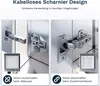 Two images showing a cabinet hinge, with text and icons explaining features. Anteprima dell’immagine prodotto