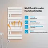 A white electric towel rack mounted on a light gray wall, with orange arrows indicating heat flow. Text and icons on the right describe its features. Voir les images du produit