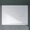 A top-down view of a white shower tray with a square drain cover. Produktbild-Vorschau