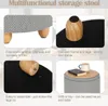 A collage of four images showcasing the features and assembly of a storage stool. Produktbild-Vorschau