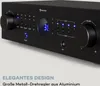 A close-up shot of the front panel of a black Auna HiFi stereo mini amplifier, showcasing its controls and digital display. Produktbild-Vorschau
