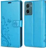 A blue flip case for a smartphone is shown, with the case open and closed. Produktbild-Vorschau