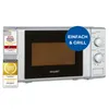 A silver microwave oven is shown against a white background, with several award badges on the left and a blue overlay circle on the right. Produktbild-Vorschau
