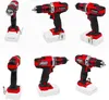 A collage of six images showing different angles of two cordless power tools: a hammer drill and a drill driver, along with their batteries and cases. Produktbild-Vorschau