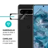 A close-up of a smartphone's camera module with a protective film being applied, alongside a graphic representing the product's clarity. Produktbild-Vorschau