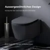 A modern, dark-themed bathroom setting featuring a wall-mounted toilet and a toilet brush holder. Produktbild-Vorschau
