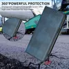 A blue leather phone case is shown on a cracked asphalt surface, with a truck in the background. A close-up inset shows the corner of the case on the ground. Anteprima dell’immagine prodotto