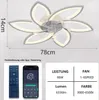 A ceiling fan light with dimensions and specifications shown, alongside a remote control and a smartphone app interface. Produktbild-Vorschau