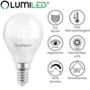 A product image of a LUMILED LED light bulb with various feature icons and text. Produktbild-Vorschau