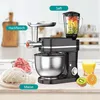 A multi-functional kitchen appliance with various attachments, shown with ingredients and finished products. Produktbild-Vorschau