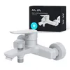 A white bathroom faucet is shown in the foreground, with its packaging in the background. Produktbild-Vorschau