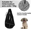 A black pet sling bag with dimensions and text overlays, next to a small dog. Produktbild-Vorschau