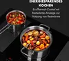 Two pots of food are shown on a black induction cooktop, with German text describing energy-saving cooking features. Produktbild-Vorschau