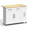 A white kitchen island with a wooden top and black handles, shown from a front-side angle against a white background. Voir les images du produit