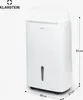 A white Klarstein dehumidifier is shown from a three-quarter front angle against a white background. Dimensions are indicated with lines and text. Náhľad obrázku produktu
