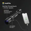 A Varta flashlight is shown charging a smartphone, highlighting its power bank functionality. Produktbild-Vorschau