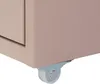 A close-up view of the bottom corner of a light brown roll container, showing one of its casters. Voir les images du produit