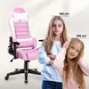 A pink gaming chair is shown next to two girls of different heights, with height markers indicating 160 cm and 100 cm. Produktbild-Vorschau