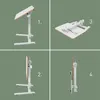 A collage of four images showing a white adjustable standing desk workstation in different configurations. Produktbild-Vorschau