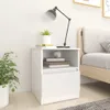A white bedside table with books and a lamp on it, next to a bed. Produktbild-Vorschau