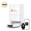 A white robot vacuum cleaner with its charging station, a smartphone, and a smartwatch are displayed against a white background. An inset image shows a spare brush roll. Produktbild-Vorschau