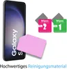 A smartphone screen protector kit with cleaning wipes and a microfiber cloth, shown next to a smartphone. Produktbild-Vorschau