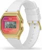 A digital watch with a white strap and a gold-toned octagonal case. The watch face has a gradient background from pink to red and displays the time. Produktbild-Vorschau