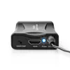 A black SCART to HDMI converter with a blue power indicator light and a connected cable. Voir les images du produit