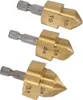 Three metal drill bits with hexagonal shafts are arranged vertically against a white background. Voir les images du produit