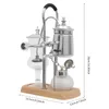 A siphon coffee maker is displayed on a wooden base against a white background. Dimensions are indicated by text overlays. Náhled obrázku produktu