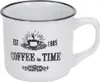 A white ceramic mug with black text and graphics related to coffee. Náhled obrázku produktu