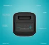 A black portable speaker with various features highlighted by text labels. Produktbild-Vorschau