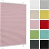 A pink pleated blind is shown in the center, with a grid of smaller swatches of different colored pleated blinds on the right side. Produktbild-Vorschau