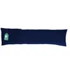 A dark blue body pillow is laid out horizontally on a white background, with a small tag attached to the left end. Produktbild-Vorschau